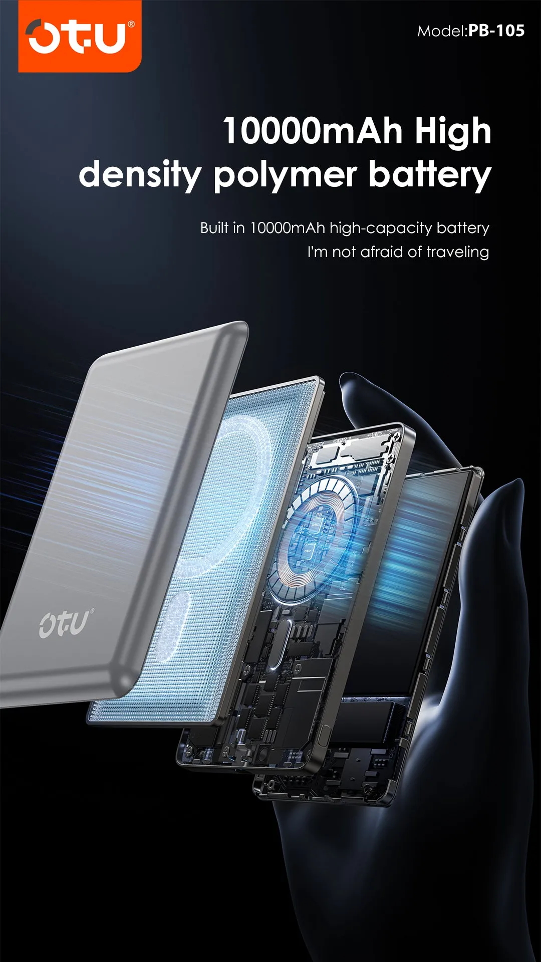 Повербанк с беспроводной зарядкой OTU PB-105 (10000 mAh), 15W MagSafe Wireless / 20W USB-C Power Bank