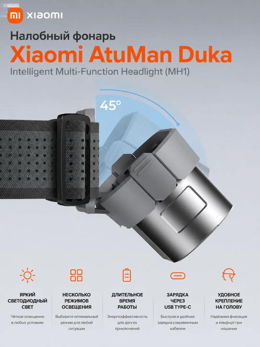 Налобный фонарик Xiaomi AtuMan Duka Intelligent Multi-Function Headlight (MH1) 350 люмен