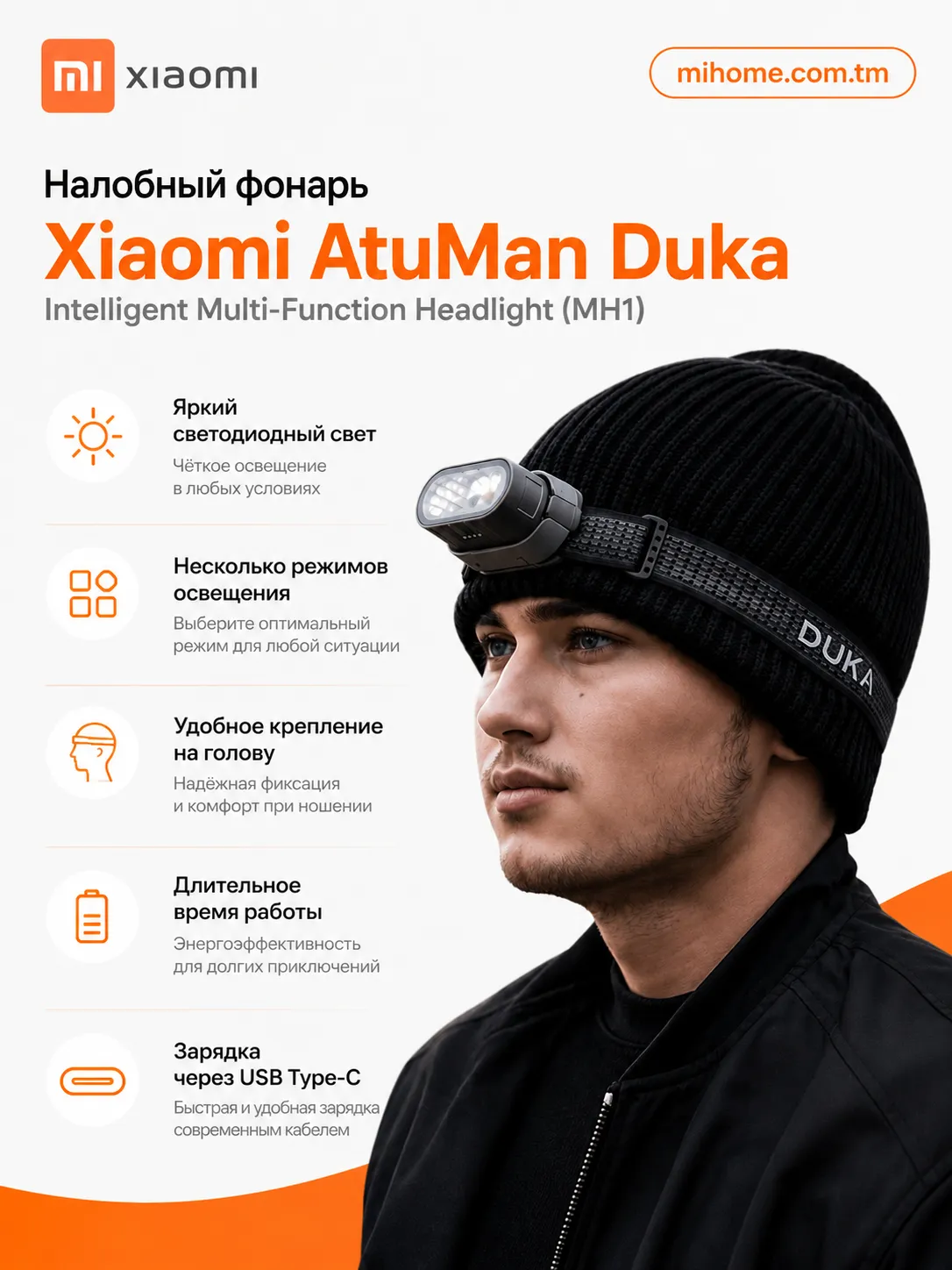 Налобный фонарик Xiaomi AtuMan Duka Intelligent Multi-Function Headlight (MH1) 350 люмен