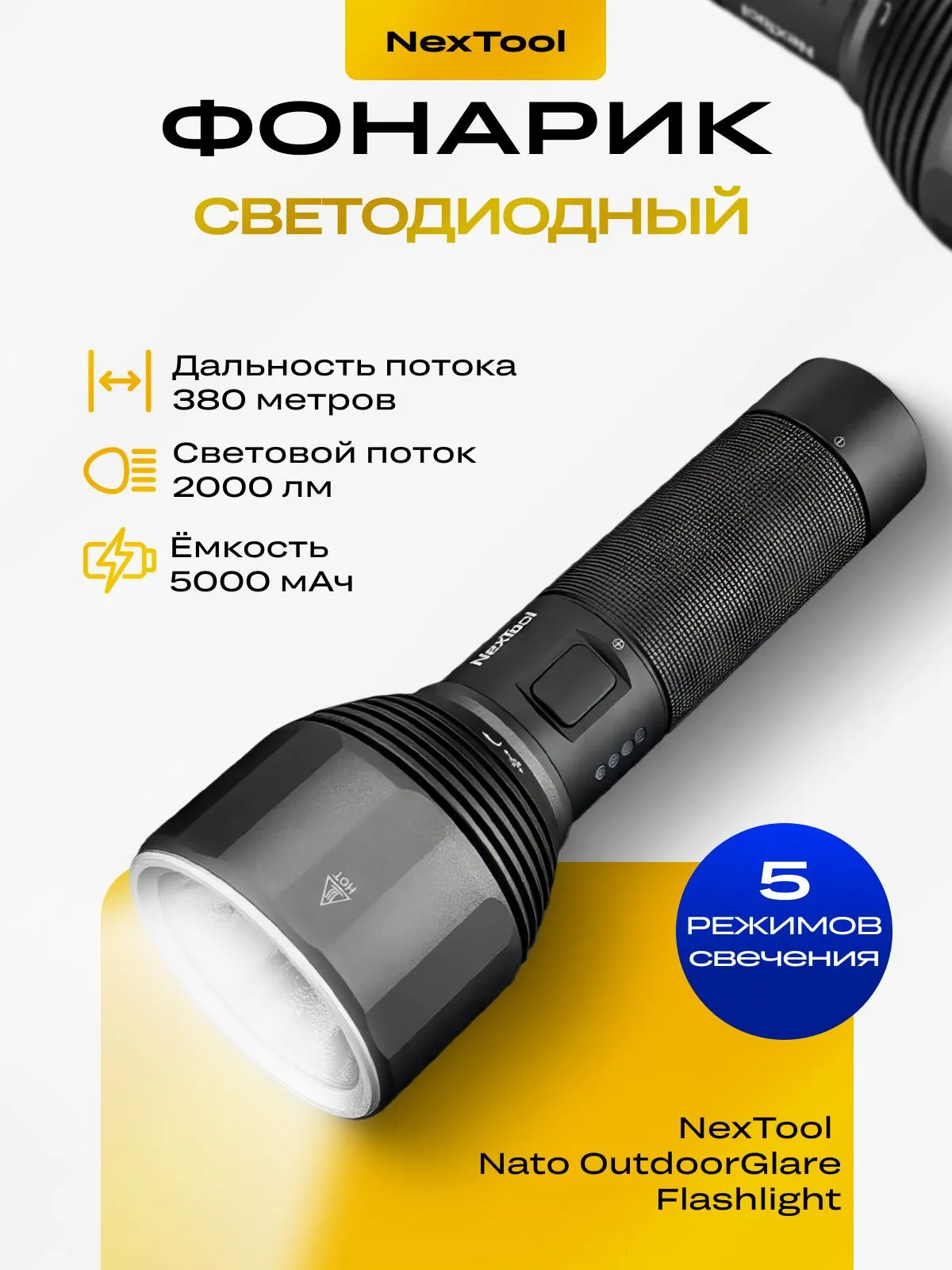 Светодиодный фонарик Xiaomi NexTool Nato Outdoor Glare Flashlight (NE0126) 380 метров / 2000 люмен