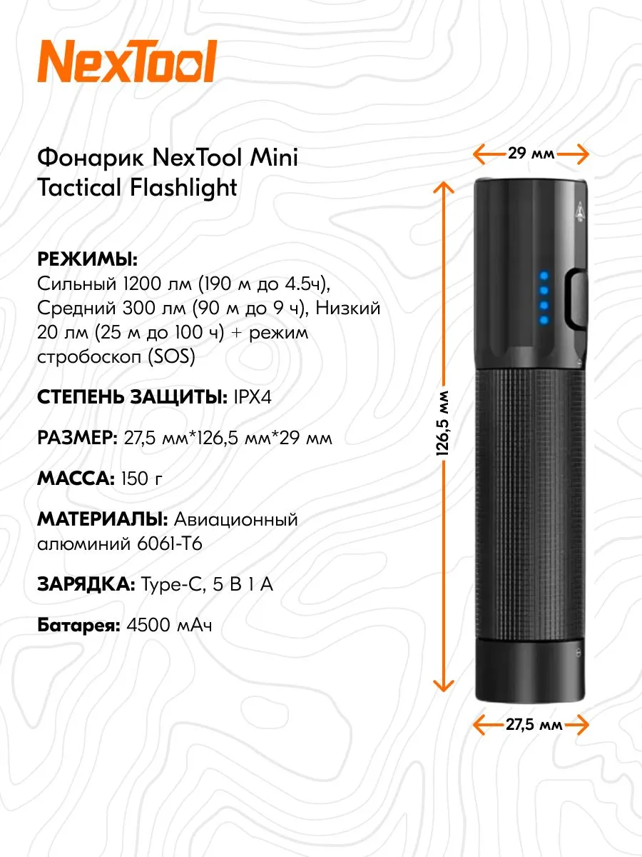 Светодиодный фонарик Xiaomi NexTool Outdoor Strong Light Straight Flashlight (NE20069) 190 метров / 1200 люмен