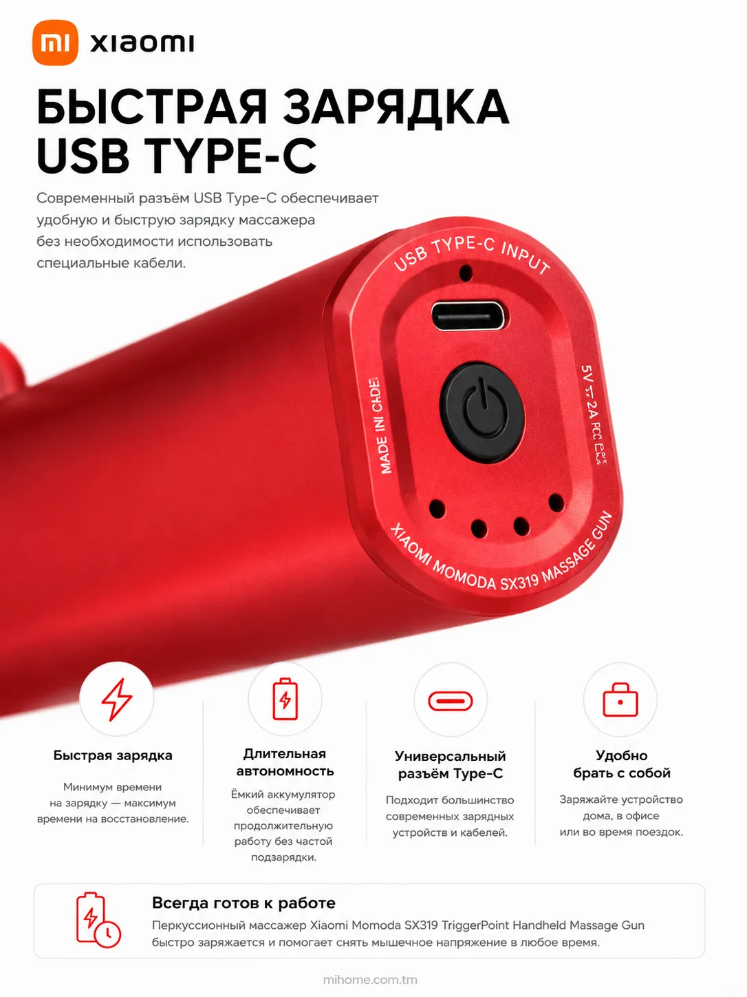 Перкуссионный мини массажер Xiaomi Momoda SX319 Trigger Point Handheld Massage Gun (Красный)