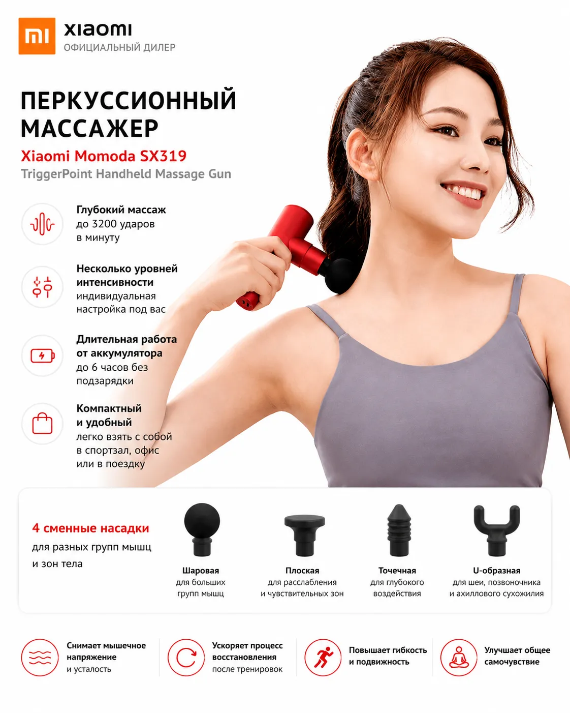 Перкуссионный мини массажер Xiaomi Momoda SX319 Trigger Point Handheld Massage Gun (Красный)