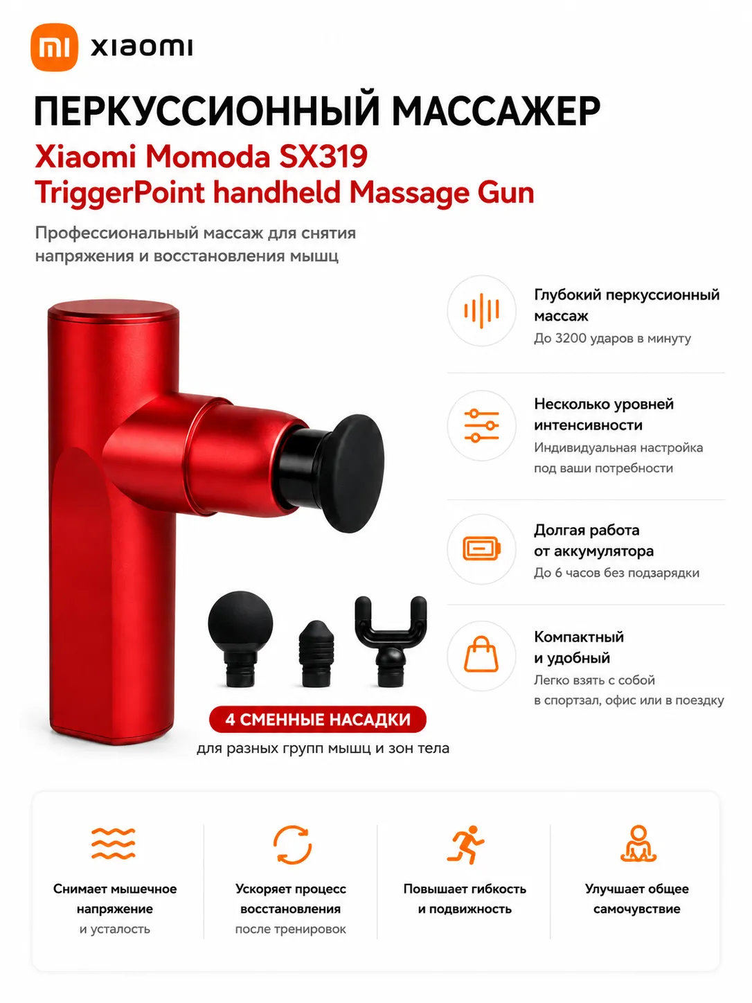 Перкуссионный мини массажер Xiaomi Momoda SX319 Trigger Point Handheld Massage Gun (Красный)