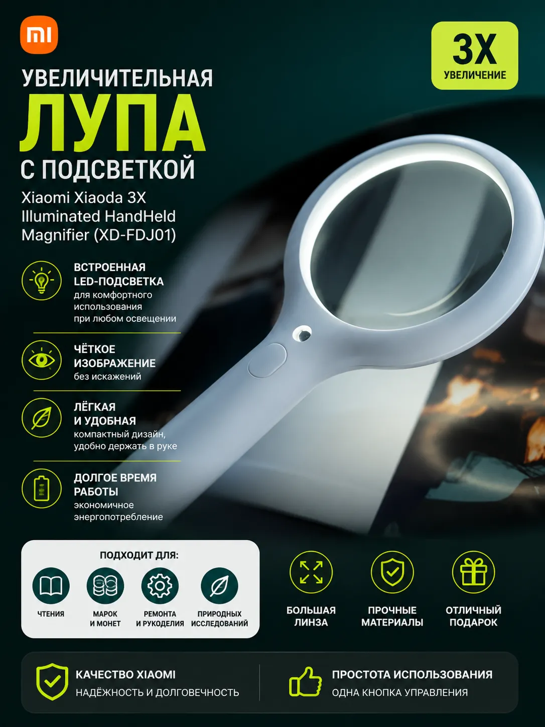 Увеличительная лупа с подсветкой Xiaomi Xiaoda 3X Illuminated HandHeld Magnifier (XD-FDJ01)