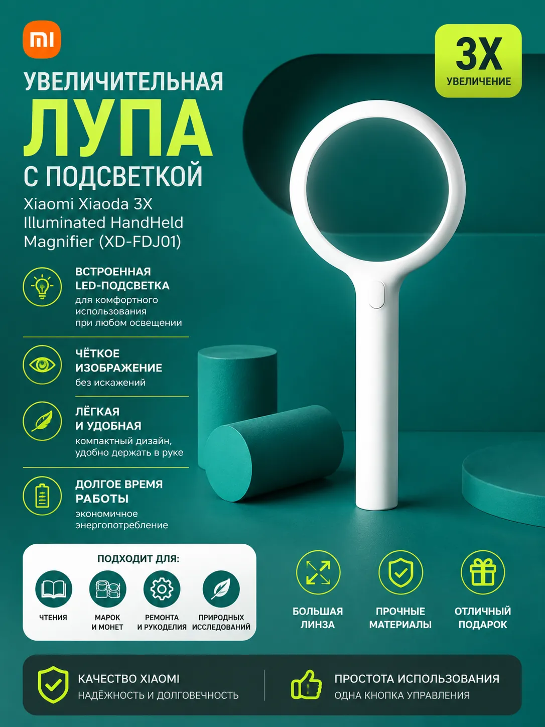Увеличительная лупа с подсветкой Xiaomi Xiaoda 3X Illuminated HandHeld Magnifier (XD-FDJ01)