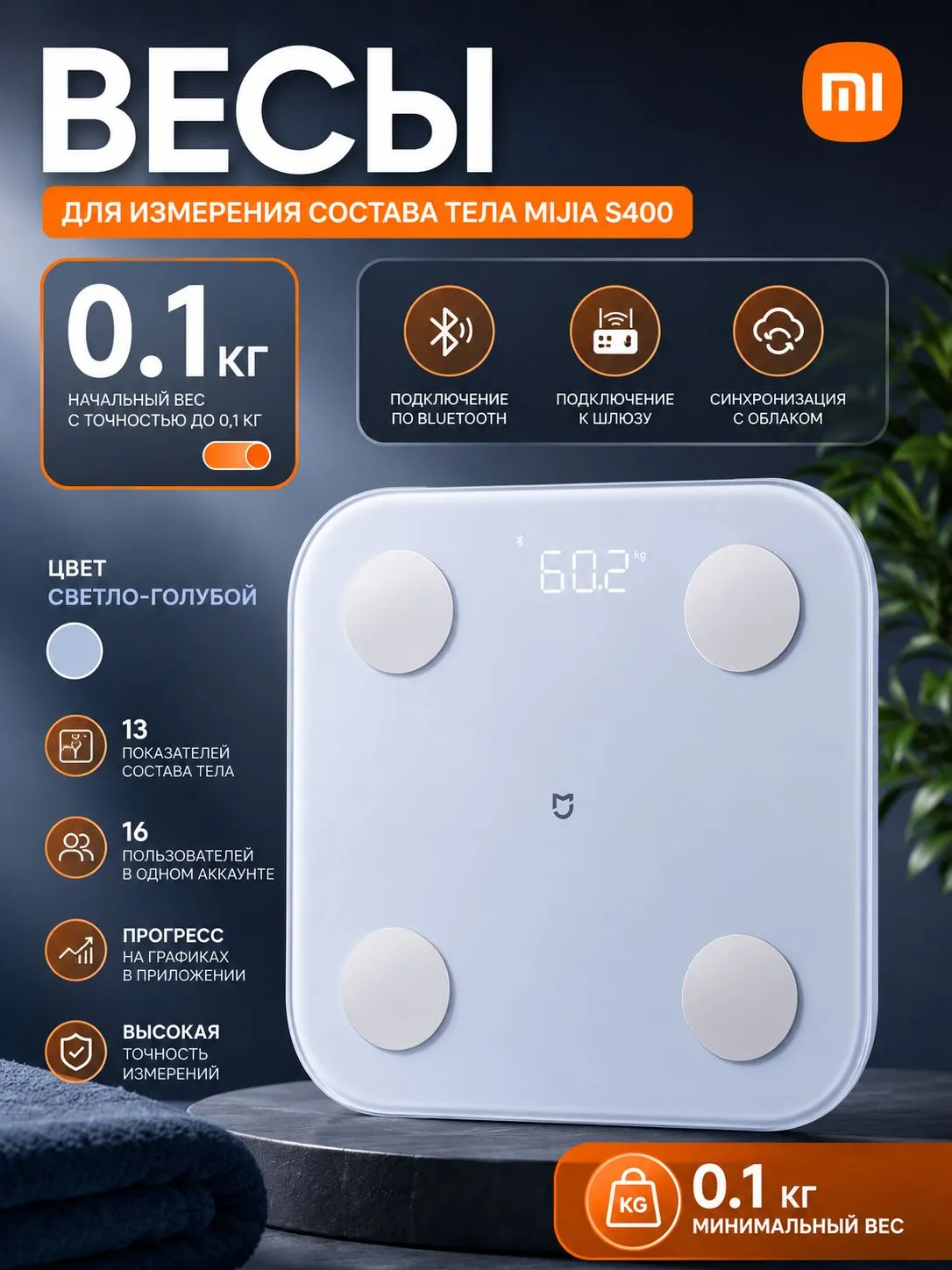 Умные весы Xiaomi Mijia Smart Body Fat Scale S400 (MJTZC01YM / BHR8327CN) Голубой