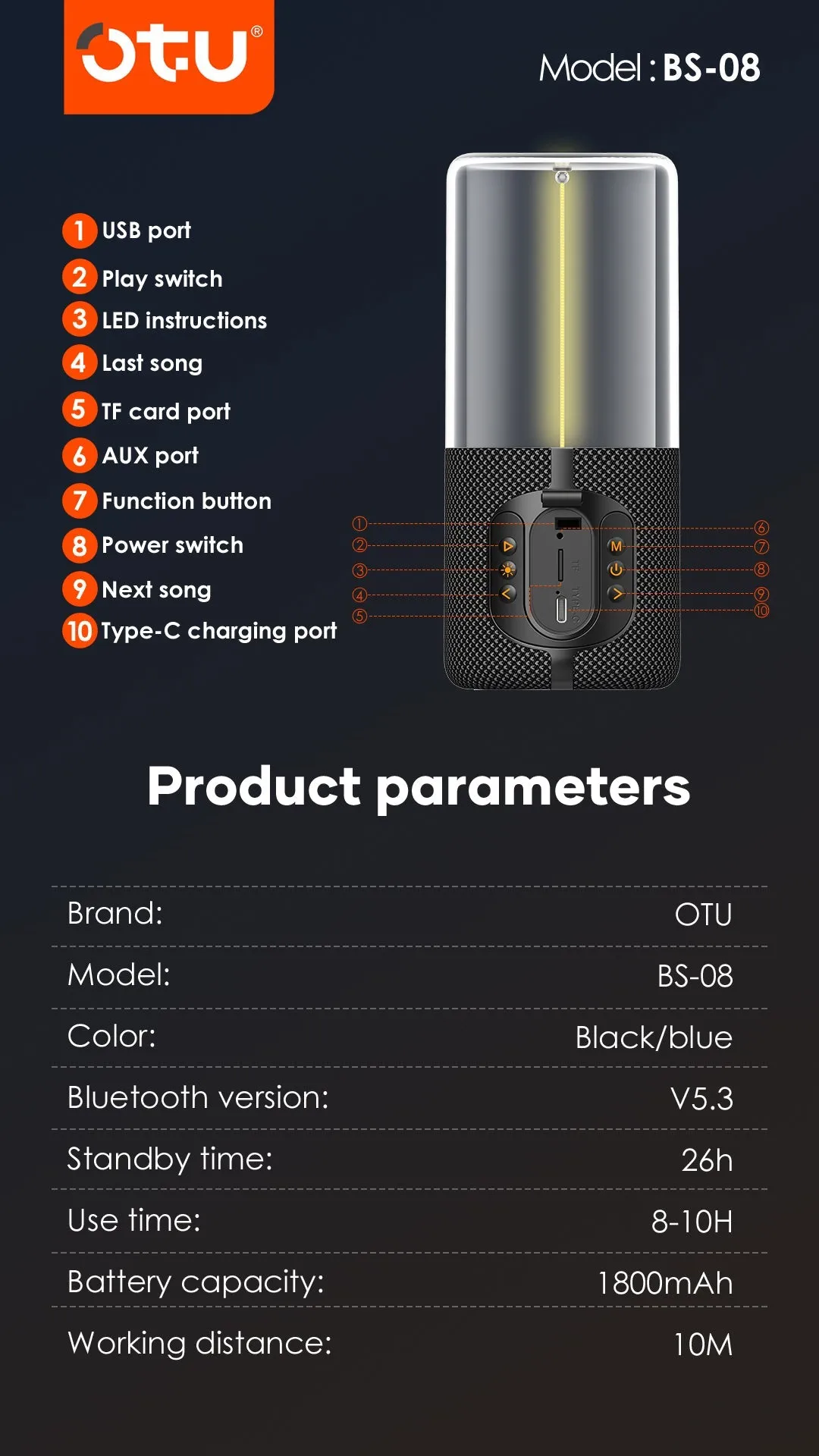Портативная беспроводная Bluetooth колонка с RGB подсветкой OTU BS-08 (1800 mAh / 5W)