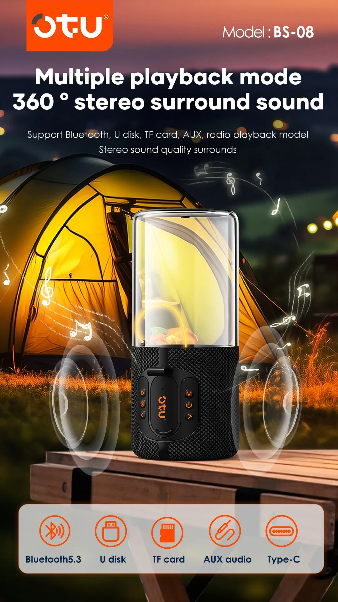 Портативная беспроводная Bluetooth колонка с RGB подсветкой OTU BS-08 (1800 mAh / 5W)