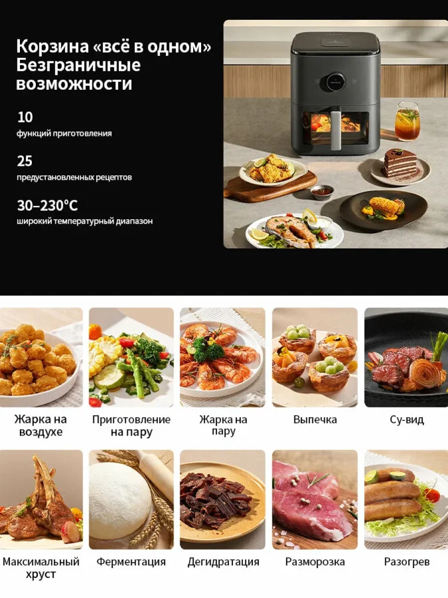 Аэрогриль с функцией пара Xiaomi Mijia Smart Steam Air Fryer 7L (MAF-ST701) Черный